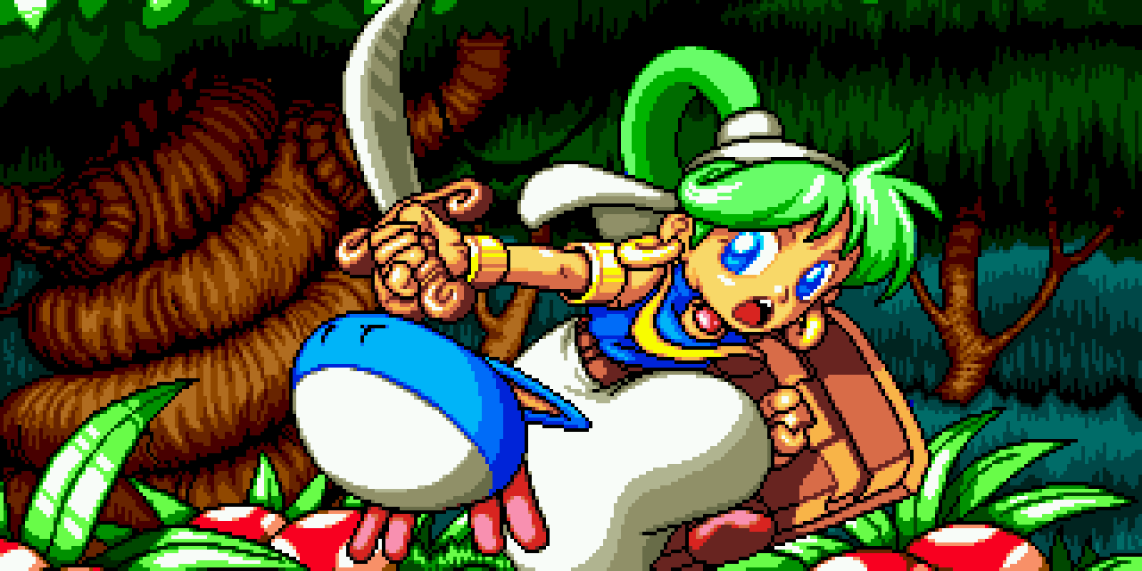 The pixel art background of the Monster World IV title screen, showing the main character Asha and her pet Pepelogoo